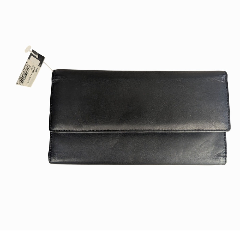 Vtg Deadstock NWT Mundi Black Leather Tri-Fold Checkbook Clutch Wallet